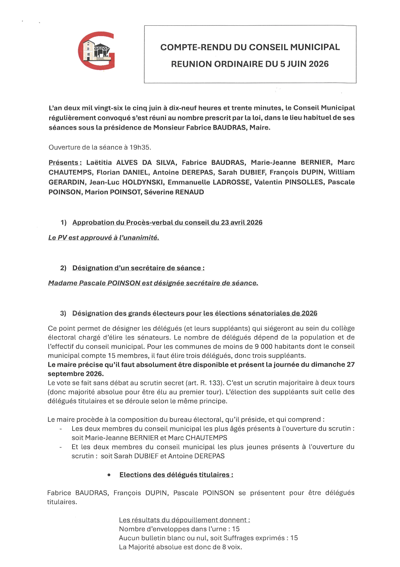 Compte rendu du CM du 5 juin 2026