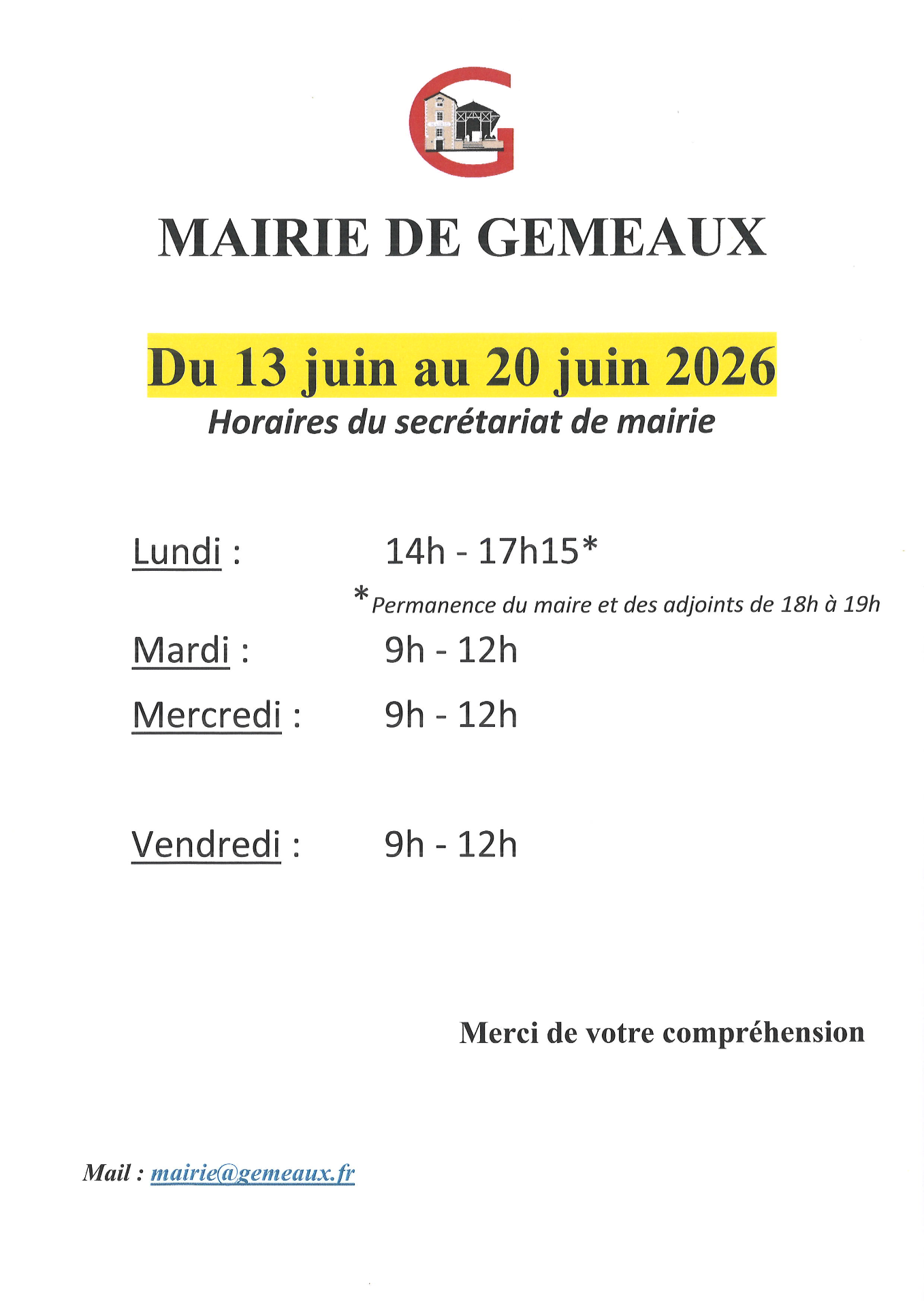 Affiche horaire mairie juin 2026