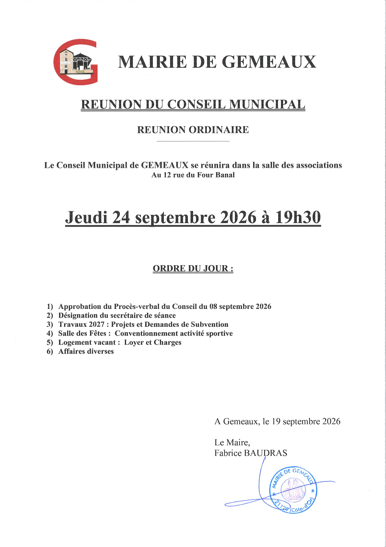 Ordre du jour CM 24-09-2026