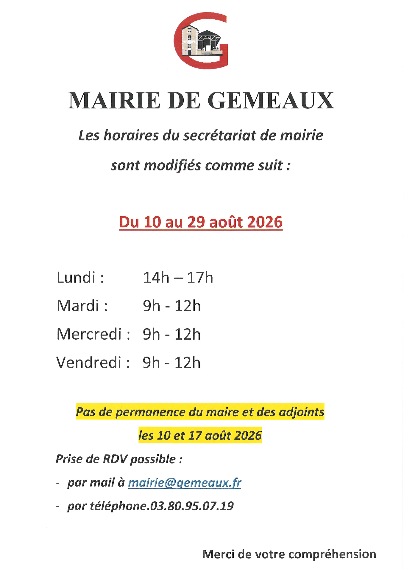 Horaires mairie Gemeaux