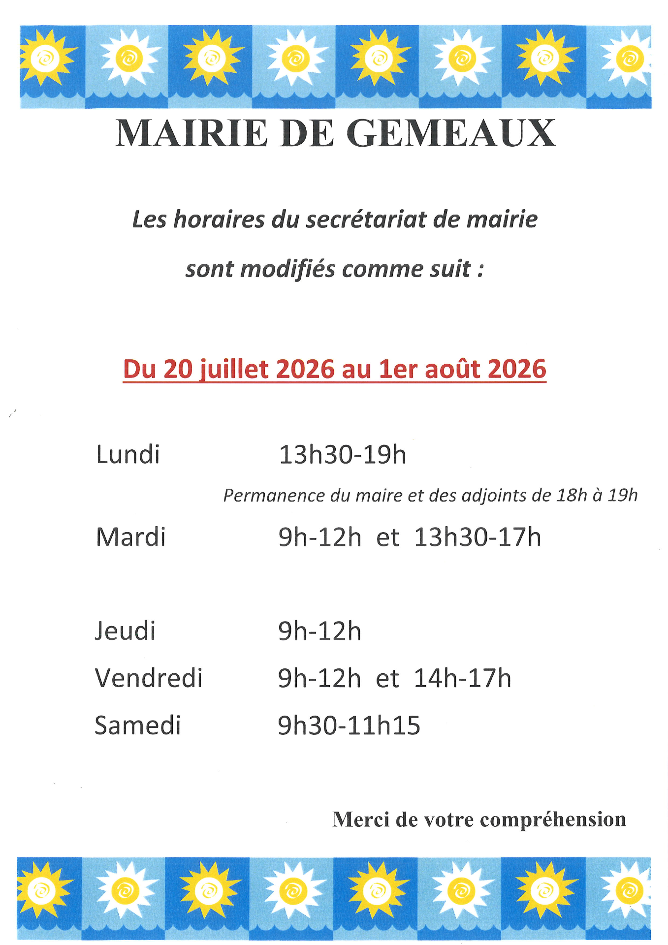 Horaires mairie Gemeaux 20-07 au 01-08